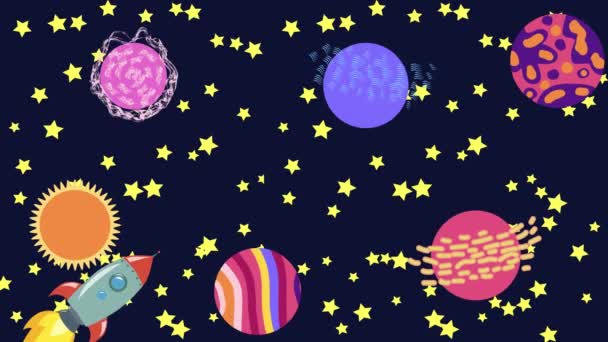 Espaço dos desenhos animados. Cartoon moscas foguete no espaço exterior passado os planetas suspensos, satélites e outros objetos. — Vídeo de Stock