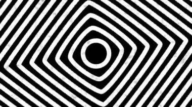 Psikedelik büküm çemberleri. Yuvarlak çizgili siyah beyaz çizgiler. Hipnotize edici dönen soyutlama. Op sanat efekti, optik yanılsama