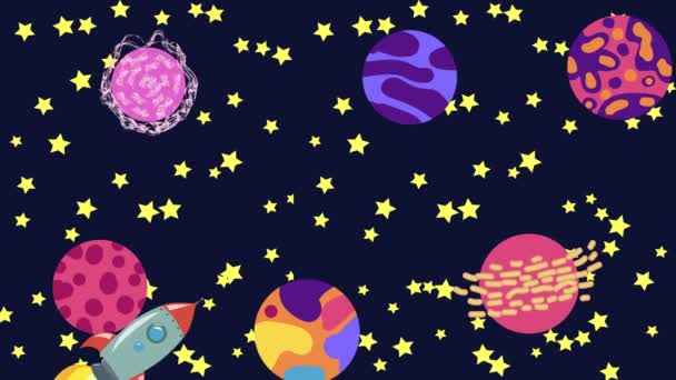 Espaço dos desenhos animados. Cartoon moscas foguete no espaço exterior passado os planetas suspensos, satélites e outros objetos. — Vídeo de Stock