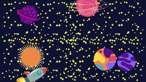 Cartoon Space. La fusée caricaturale vole dans l'espace au-delà des planètes, satellites et autres objets suspendus. — Video