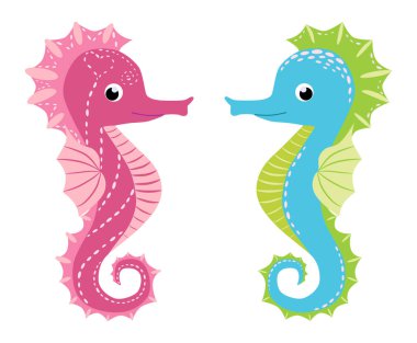 Bir çift deniz atı, İskandinav tarzı hipokampüs, el yapımı, pembe ve turkuaz, erkek ve kız, aşk ve aile..