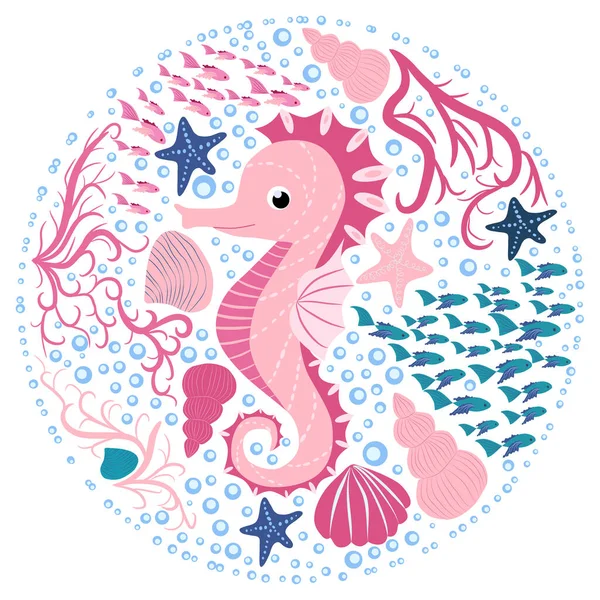 Seahorse Skandinavisk Hippocampus Handritad Bland Sjögräs Sjöstjärnor Snäckskal Fisk Rosa — Stock vektor