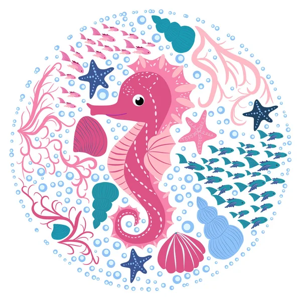 斯堪的纳维亚风格的海马 在海藻 海贝壳中的鱼粉红女孩 — 图库矢量图片