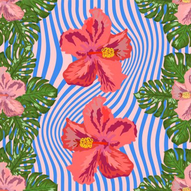 Çiçeksel egzotik tropikal desensiz tropik Hawaii duvar kağıdı. Botanik parmak izi. Modern çiçek arkaplanı.