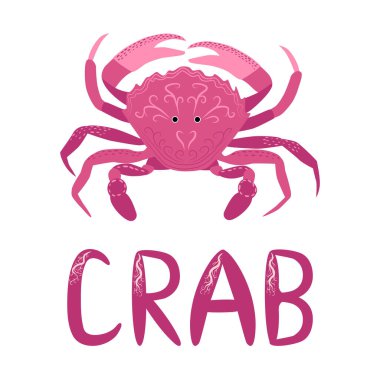 Komik kırmızı yengeç eli çizilmiş ve imzalı bir hayvan. Şirin deniz yaşamı, İskandinav tarzı, ayrıntılı..