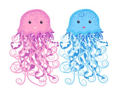 Bir çift komik denizanası eli çizilmiş. Şirin deniz yaşamı, İskandinav tarzı, ayrıntılı..