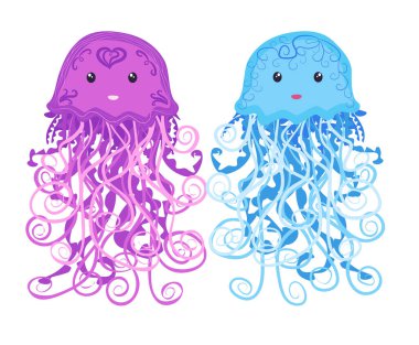 Bir çift komik denizanası eli çizilmiş. Şirin deniz yaşamı, İskandinav tarzı, ayrıntılı..