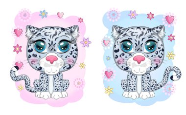 Karikatür kar leoparı çifti çiçekler, kalpler ve dekoratif unsurlar arasında anlamlı gözleri var. Vahşi hayvanlar, karakter, çocuksu şirin bir tarz..