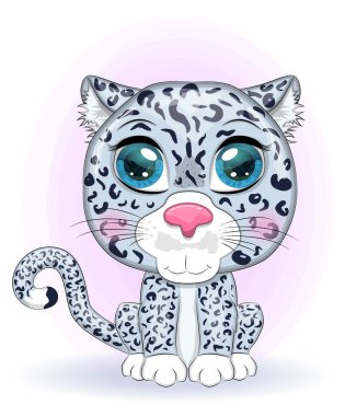 Çizgi film kar leoparı ve anlamlı gözleri var. Vahşi hayvanlar, karakter, çocuksu şirin bir tarz.