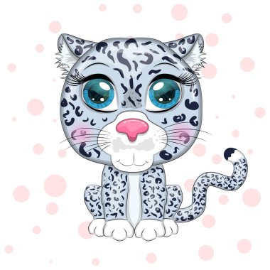 Karikatür kar leoparı. Çiçekler, kalpler ve dekoratif unsurlar arasında anlamlı gözleri olan. Vahşi hayvanlar, karakter, çocuksu şirin bir tarz.