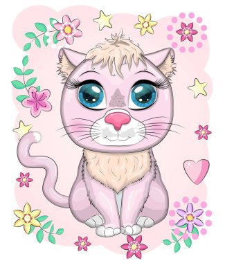 Şirin pembe çizgi film kedisi, çiçekler, kalpler, dekoratif unsurlar arasında anlamlı gözleri olan kedi yavrusu..