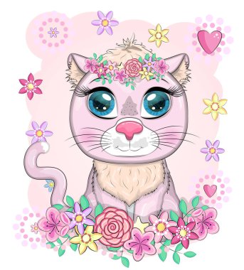 Şirin pembe çizgi film kedisi, çiçekler, kalpler, dekoratif unsurlar arasında anlamlı gözleri olan kedi yavrusu..
