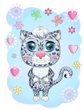 Karikatür kar leoparı. Çiçekler, kalpler ve dekoratif unsurlar arasında anlamlı gözleri olan. Vahşi hayvanlar, karakter, çocuksu şirin bir tarz.