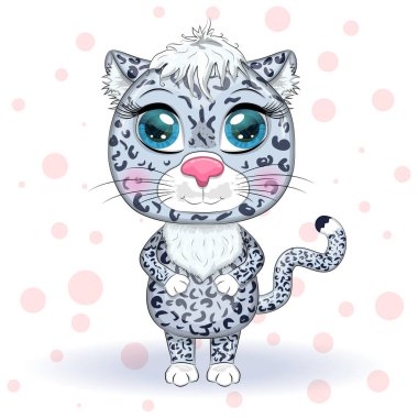 Karikatür kar leoparı. Çiçekler, kalpler ve dekoratif unsurlar arasında anlamlı gözleri olan. Vahşi hayvanlar, karakter, çocuksu şirin bir tarz.