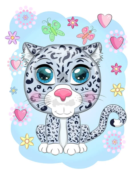 Leopardo Nieve Dibujos Animados Con Ojos Expresivos Entre Flores Corazones — Vector de stock