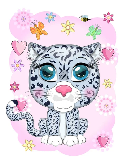 Leopardo Neve Desenhos Animados Com Olhos Expressivos Entre Flores Corações — Vetor de Stock