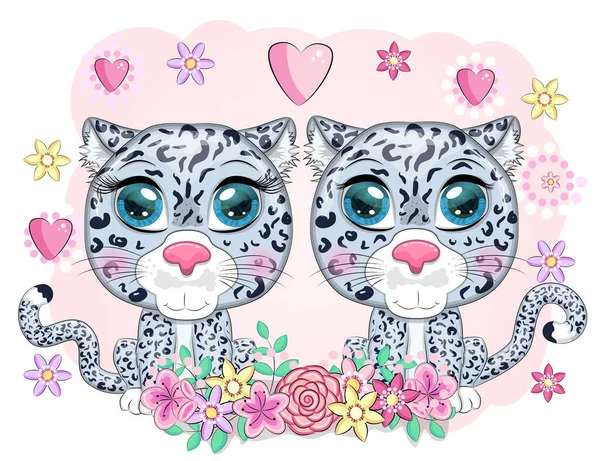 Casal Leopardo Neve Desenhos Animados Com Olhos Expressivos Entre Flores — Vetor de Stock