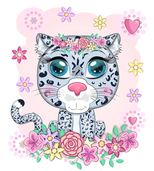 Leopardo Nieve Dibujos Animados Con Ojos Expresivos Entre Flores Corazones — Vector de stock