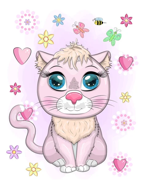 Cute Cartoon Rosa Katze Kätzchen Mit Ausdrucksstarken Augen Zwischen Blumen — Stockvektor