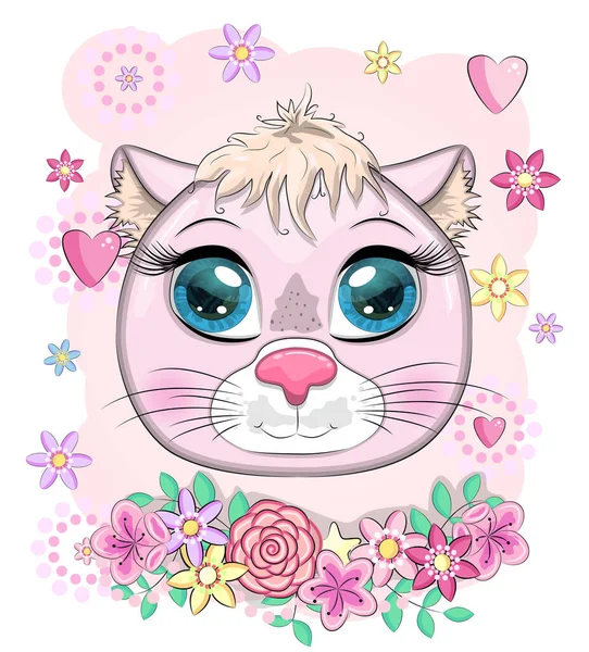 Lindo Gato Rosa Dibujos Animados Gatito Con Ojos Expresivos Entre — Vector de stock