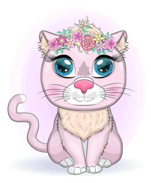 Roztomilá Kreslená Růžová Kočka Koťátko Výraznýma Očima Mezi Květinami Srdíčka — Stockový vektor