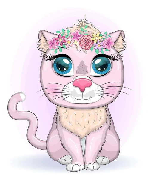 Chat Rose Dessin Animé Mignon Chaton Avec Des Yeux Expressifs — Image vectorielle