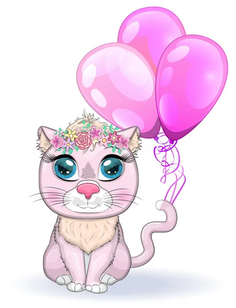 かわいい漫画ピンクの猫 花の背景に子猫はその尾を持つボールを保持しています — ストックベクタ