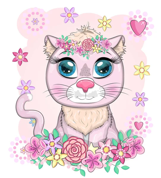 Gato Rosa Desenho Animado Bonito Gatinho Com Olhos Expressivos Entre — Vetor de Stock