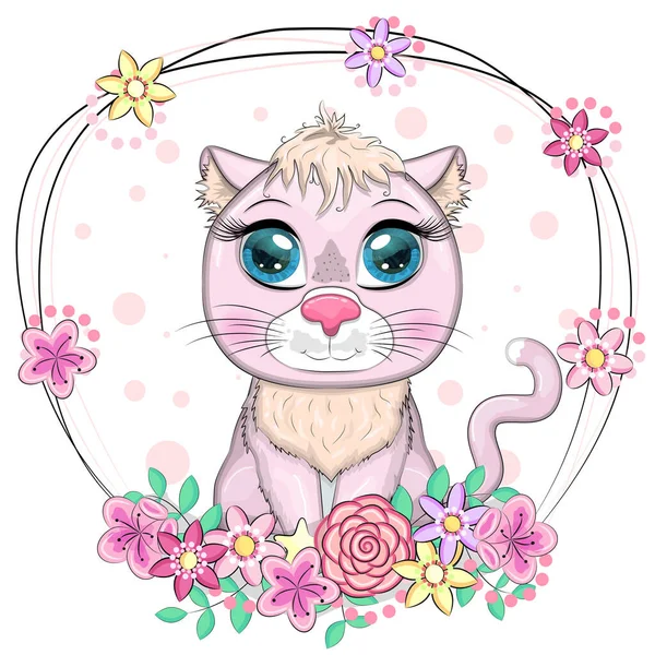 Χαριτωμένο Καρτούν Ροζ Γάτα Γατάκι Εκφραστικά Μάτια Μεταξύ Των Λουλουδιών — Διανυσματικό Αρχείο