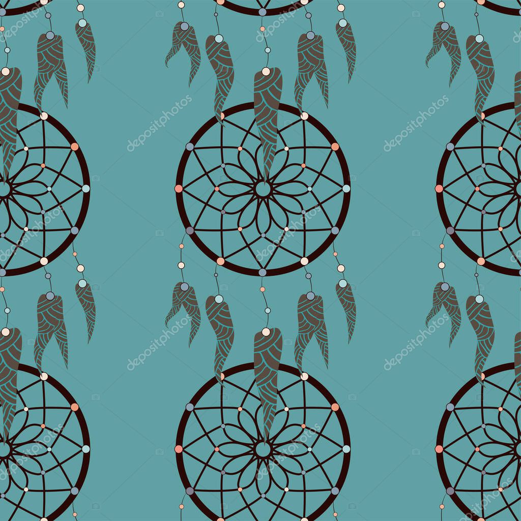 Dreamcatcher pattern in retro style. Hand drawn seamless pattern. Fashion print. Boho vintage style background.