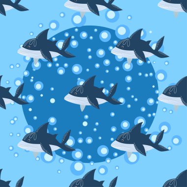 İskandinav tarzında kusursuz bir köpekbalığı. Etrafı balık, denizyıldızı, yosun, deniz kabuğu ve elle çizilmiş.