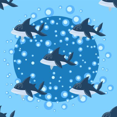 İskandinav tarzında kusursuz bir köpekbalığı. Etrafı balık, denizyıldızı, yosun, deniz kabuğu ve elle çizilmiş.