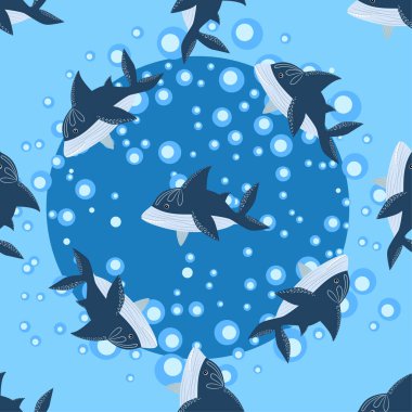 İskandinav tarzında kusursuz bir köpekbalığı. Etrafı balık, denizyıldızı, yosun, deniz kabuğu ve elle çizilmiş.