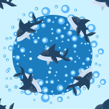 İskandinav tarzında kusursuz bir köpekbalığı. Etrafı balık, denizyıldızı, yosun, deniz kabuğu ve elle çizilmiş.