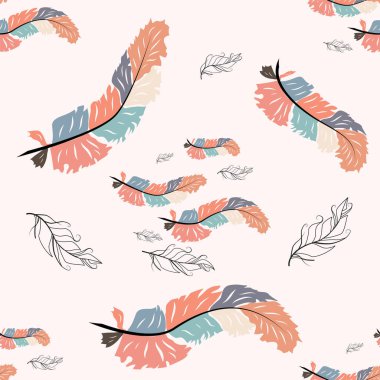 Pembe arka planda boho tüylerinin kusursuz desenleri. El çizimi stili. Kusursuz doku