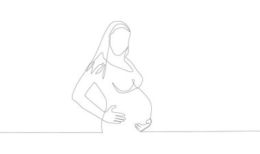 Self, sürekli tek bir çizgi çiziyor. Hamile kadın emziriyor. Elle çizilmiş resim silueti. Satır sanatı