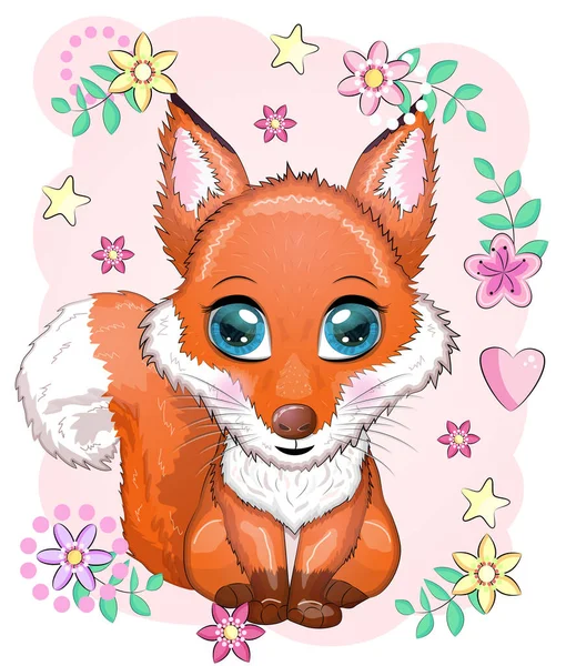 Fox Personaggio Carino Con Bellissimi Occhi Tra Fiori Cuori — Vettoriale Stock