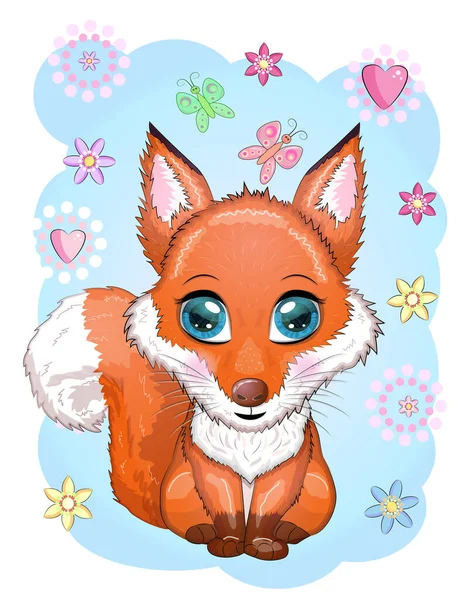Fox Roztomilá Postava Krásnýma Očima Mezi Květinami Srdci — Stockový vektor