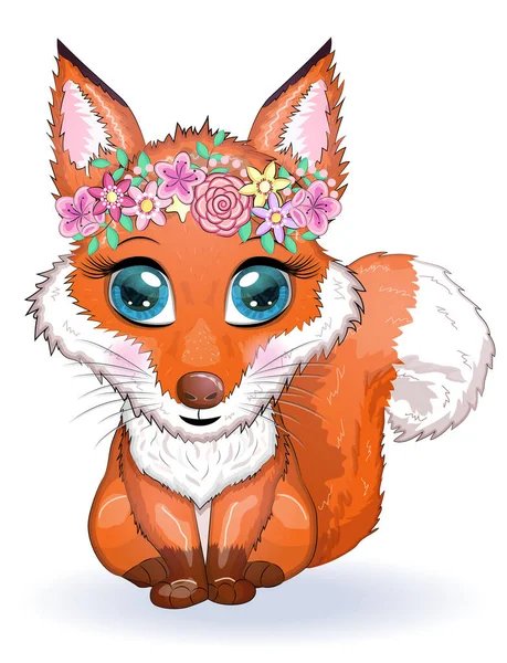 Fox Personaggio Carino Con Bellissimi Occhi Tra Fiori Cuori — Vettoriale Stock