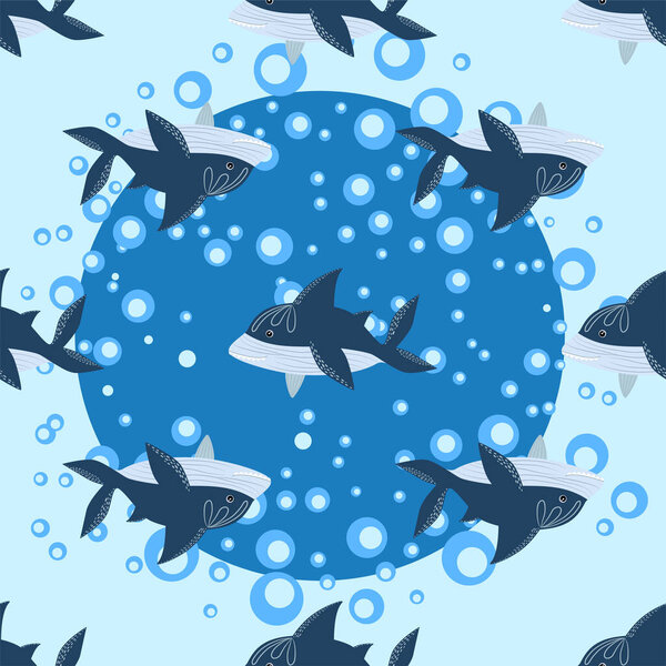 seamless pattern Shark in Scandinavian style surrounded by fish, starfish, seaweed, seashells, hand drawn