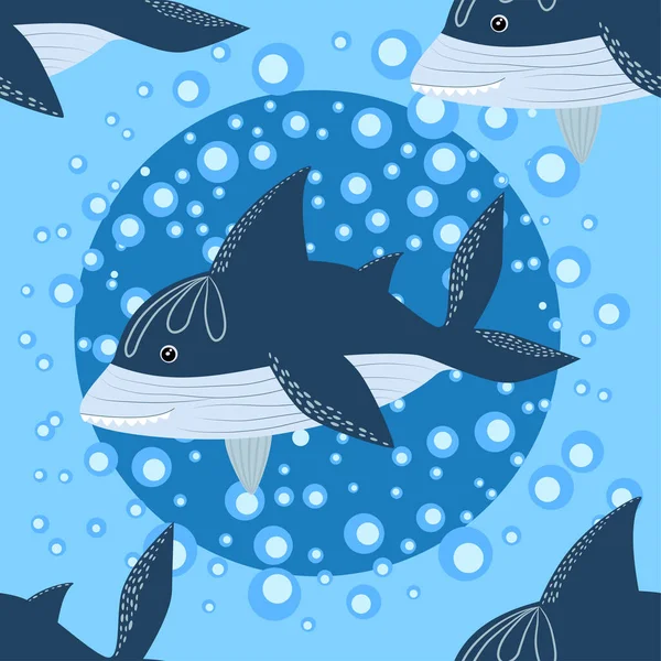 Nahtloses Muster Hai Skandinavischen Stil Umgeben Von Fischen Seesternen Algen — Stockvektor