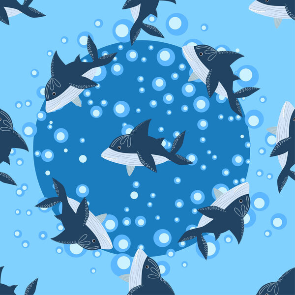 seamless pattern Shark in Scandinavian style surrounded by fish, starfish, seaweed, seashells, hand drawn