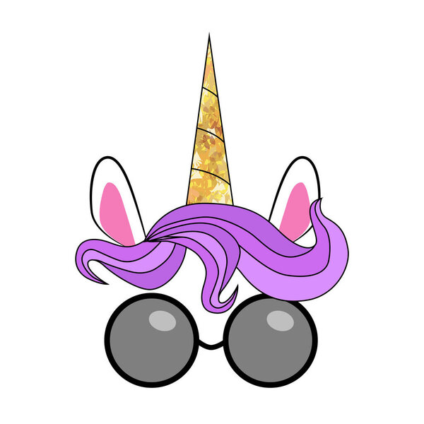Сказочный милый единорог с золотым рогом и солнцезащитными очками.