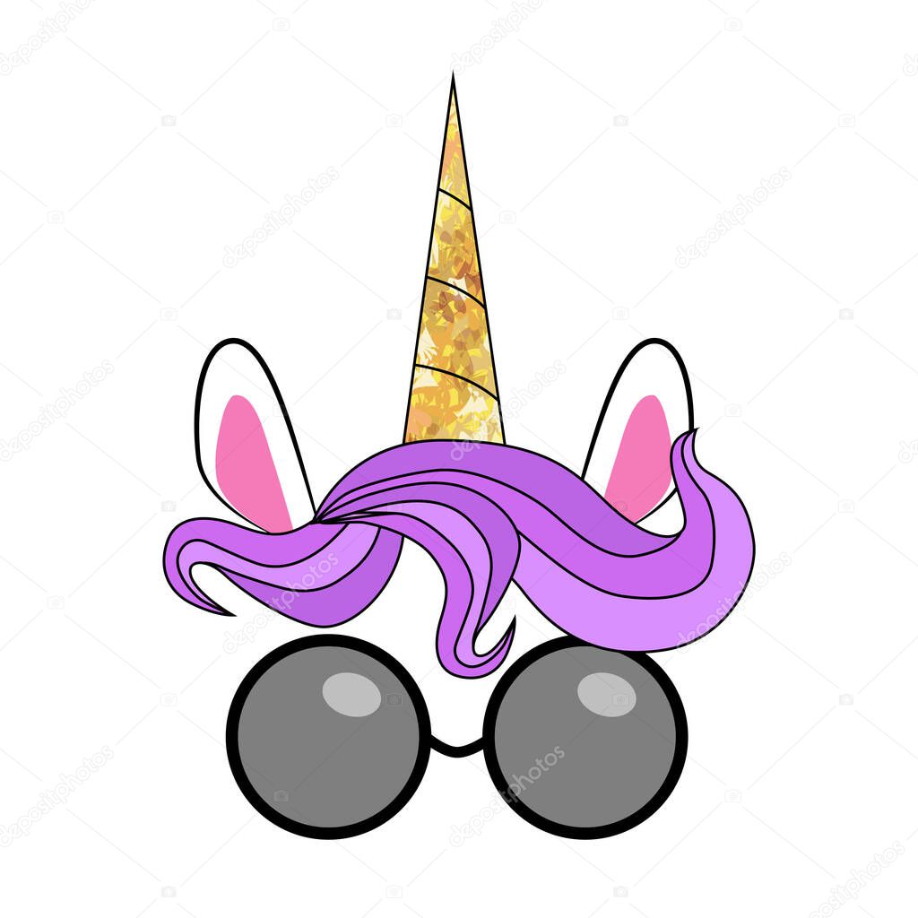 Fabulous cute unicorn with golden gilded horn and sunglasses.