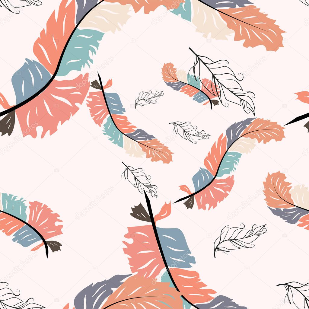 Beautiful doodle seamless pattern of boho feathers on a pink background. Hand drawn style. Seamless texture