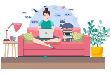 Genç bir kadın evde çalışıyor ya da ders çalışıyor, kanepede oturuyor, sıcak bir atmosferde, çay ve kediyle. Covid-19 karantina konsepti, evden çalışma ve öğrenme. Çizgi film biçimi