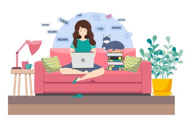 Genç bir kadın evde çalışıyor ya da ders çalışıyor, kanepede oturuyor, sıcak bir atmosferde, çay ve kediyle. Covid-19 karantina konsepti, evden çalışma ve öğrenme. Çizgi film biçimi