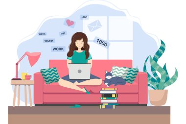 Genç bir kadın evde çalışıyor ya da ders çalışıyor, kanepede oturuyor, sıcak bir atmosferde, çay ve kediyle. Covid-19 karantina konsepti, evden çalışma ve öğrenme. Çizgi film biçimi