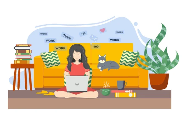 年轻妇女在家里工作或学习 坐在沙发上 在舒适的氛围中 与茶和一只猫在一起 Covid 19检疫概念 在家工作和学习 卡通风格 — 图库矢量图片