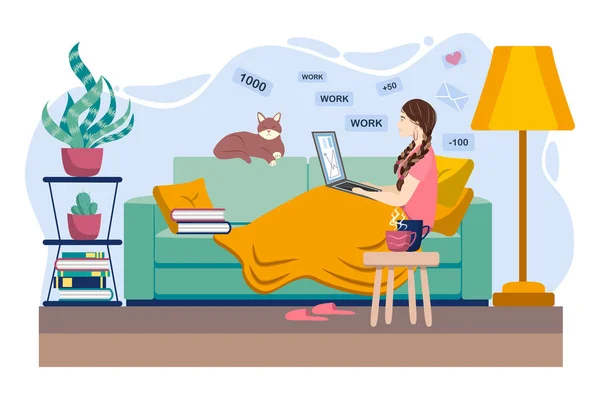 年轻妇女在家里工作或学习 坐在沙发上 在舒适的氛围中 与茶和一只猫在一起 Covid 19检疫概念 在家工作和学习 卡通风格 — 图库矢量图片